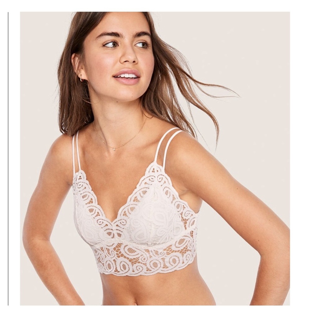 Victoria's Secret PINK White Lace Longline Bralette Caged Back Small S P CH B75